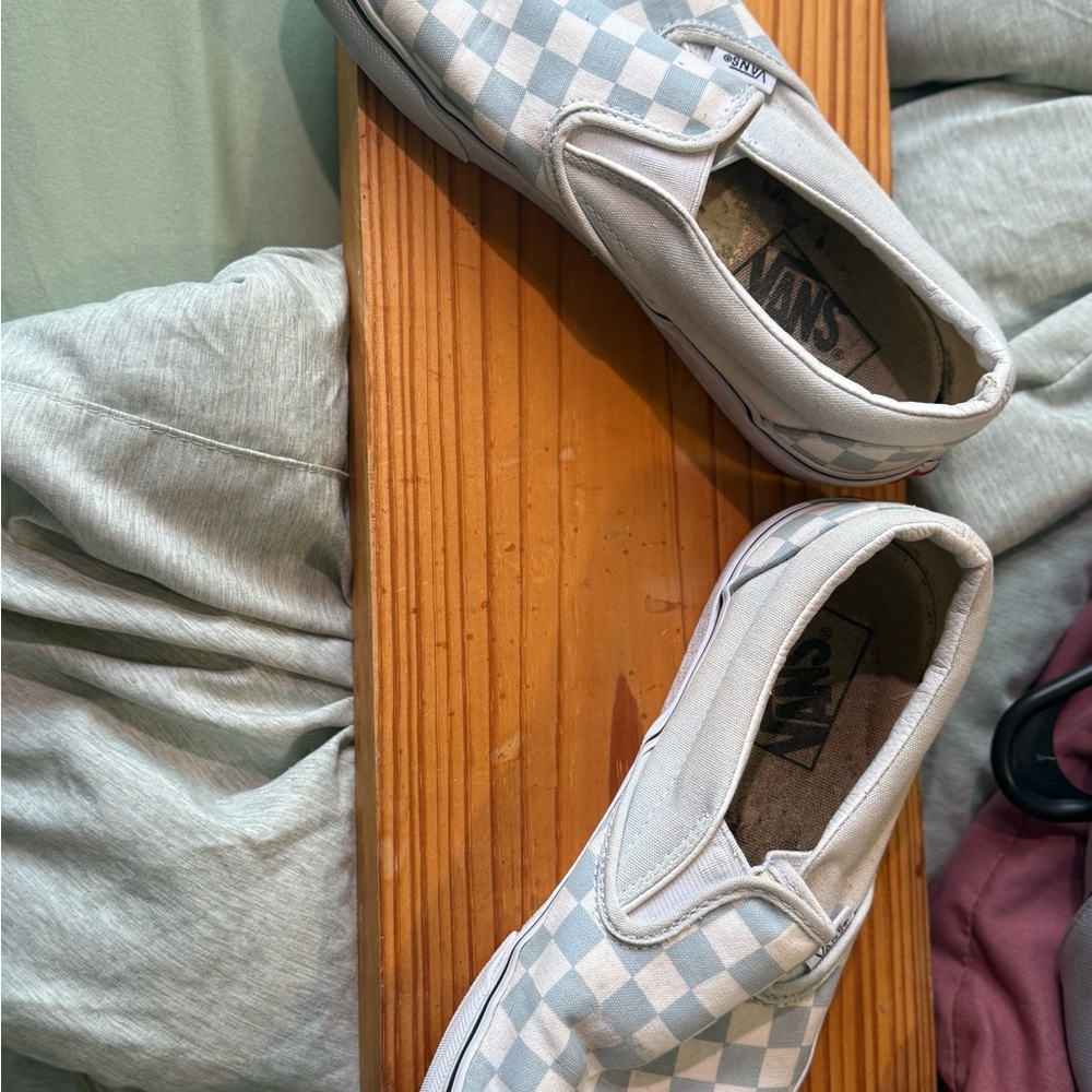 Vans Light Blue and White Checkered Slip-Ons